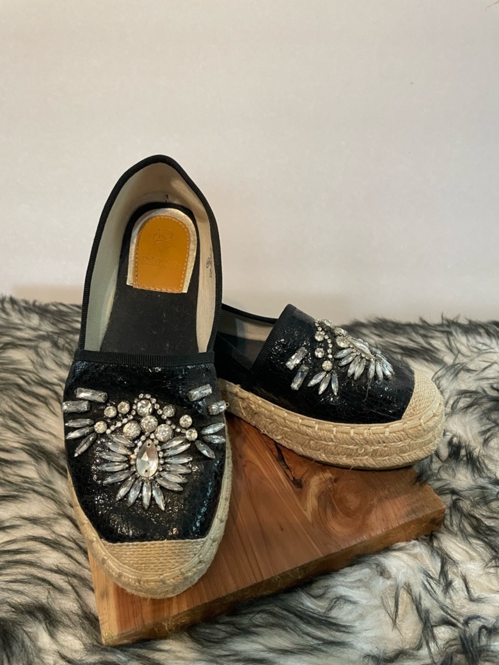 Bella Marie Black Crystal Embellished Espadrille Slip-Ons